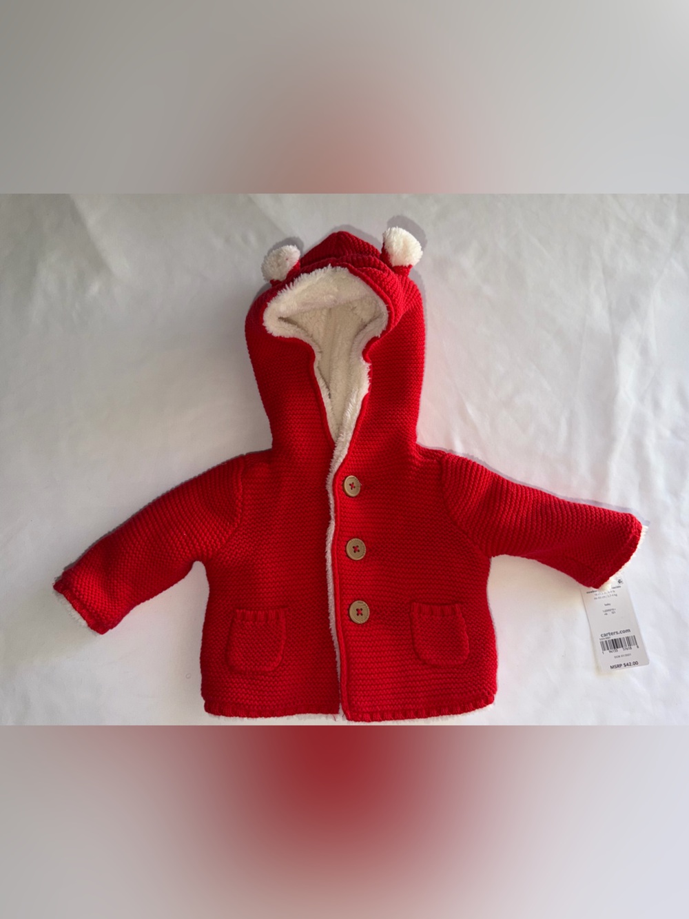 NWT Carter's Newborn Red Knit Hooded Sherpa-Lined Baby Jacket